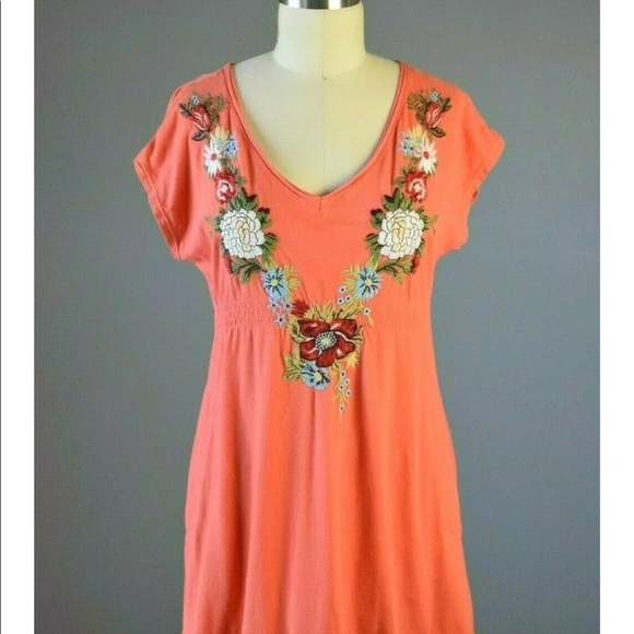Johnny Was orange v-neck embroidered tunic dress - Picture 1 of 5
